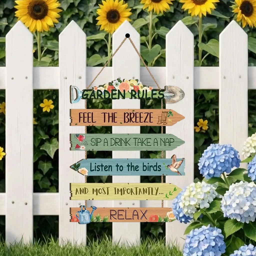 Funny Garden Rules Sign Rustic Wooden Wall Decor Bird Floral Design