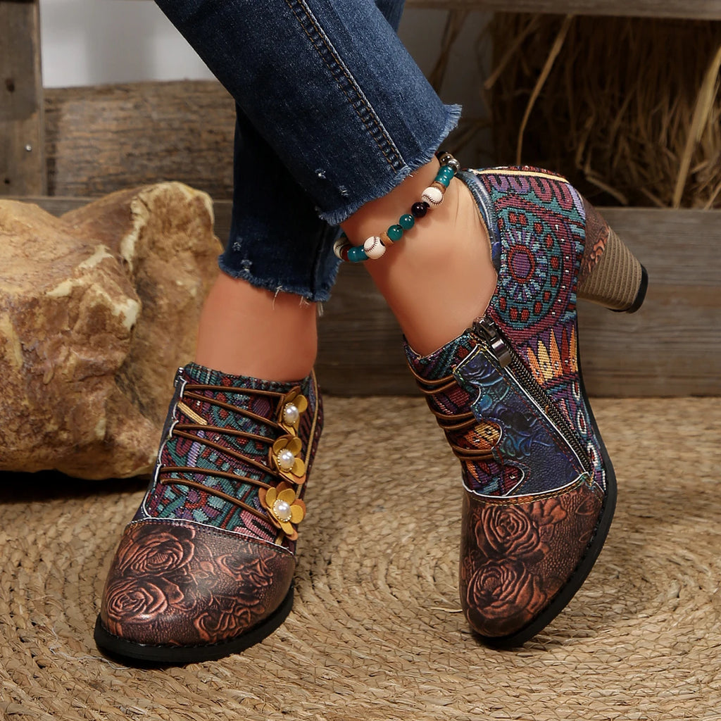 2025 New Women Ankle Boots Autumn/Winter Retro Boots Women Mixed Colors Flower Side Zipper Women Shoes Printed High Heels Shoes Zpaxo Brown 36