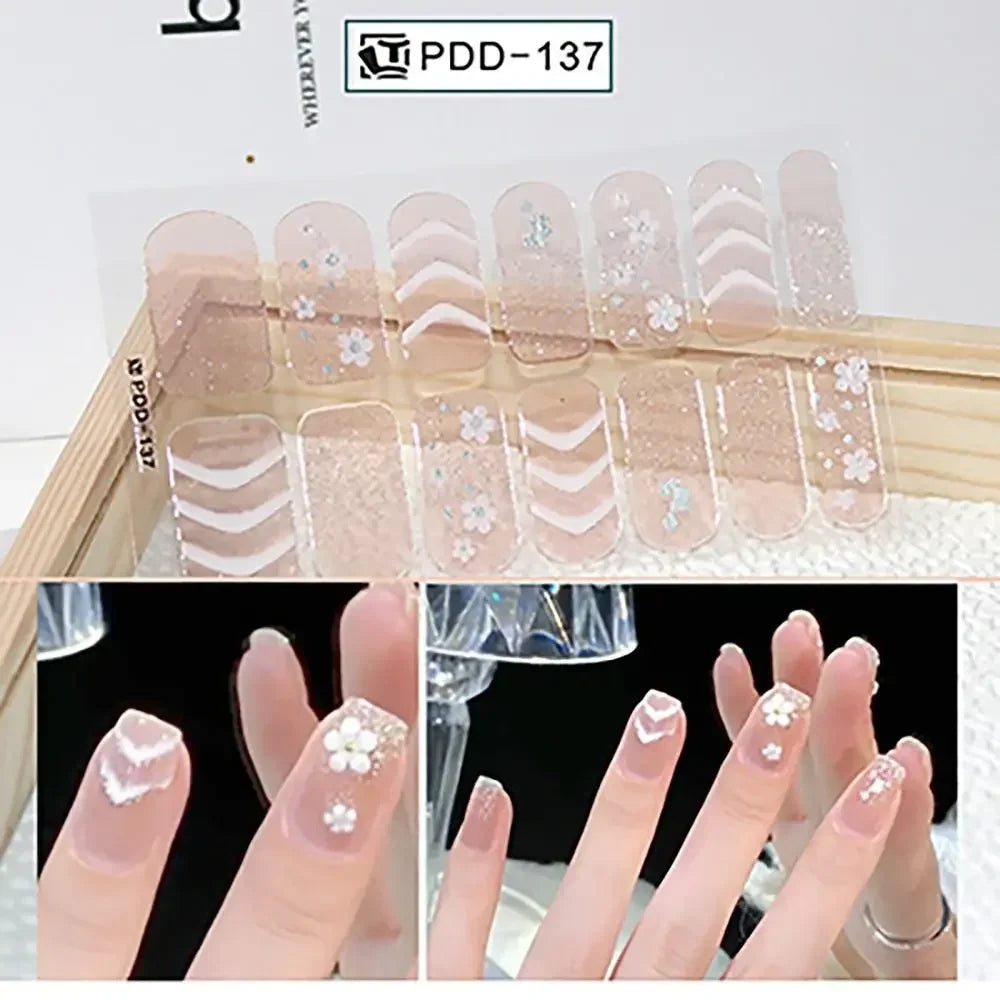 14Strips Gel Nail Stickers Full Cover Floristic Art Semi Cured Polish