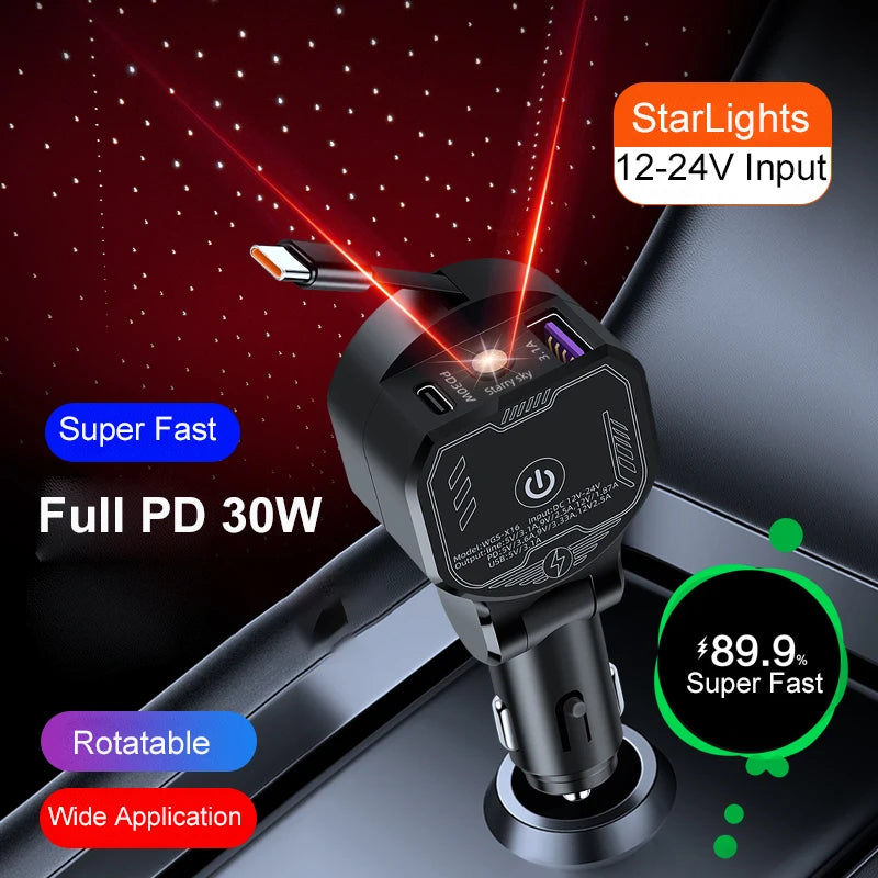 UYUXIO Retractable Car Phone Charger Adapter Starlight Full PD 30W