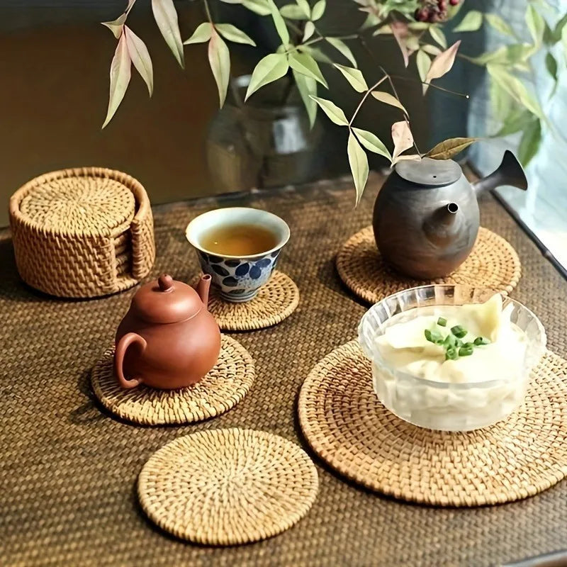 Handcrafted Rattan Coaster – Heat-Resistant Bamboo Pot Mat Rattan Coaster Set Zpaxo