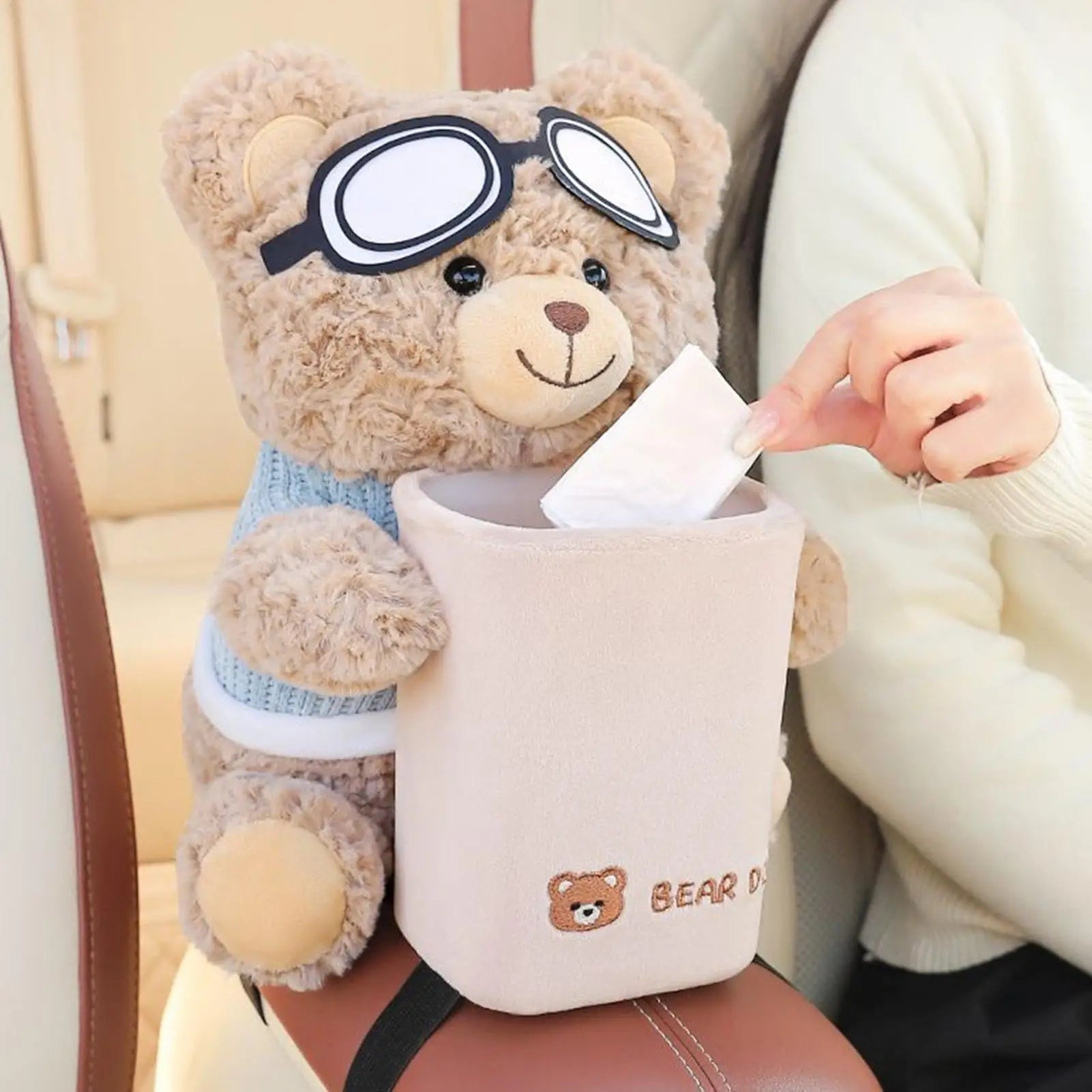 Car Tissue Box Auto Cartoon Trush Can 2-in-1 Stain Resistant Bear