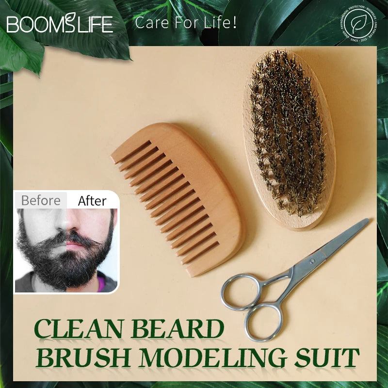 Boar Bristle Beard Brush for Men Beard Grooming Kit with Scissor Wooden Mustache Comb Beard Growth Beard Kit Barba Accesorios Zpaxo