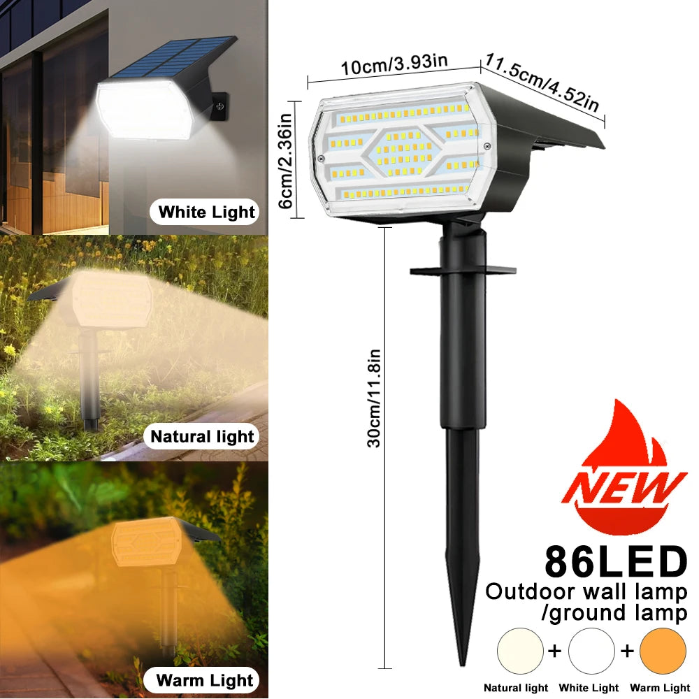 72/108 LEDs Solar Spot Lights Outdoor Waterproof 3 Mode Landscape Spotlights Solar Powered Flood Wall Light Patio Pathway Garden Zpaxo 86LED Tri Color 1PC