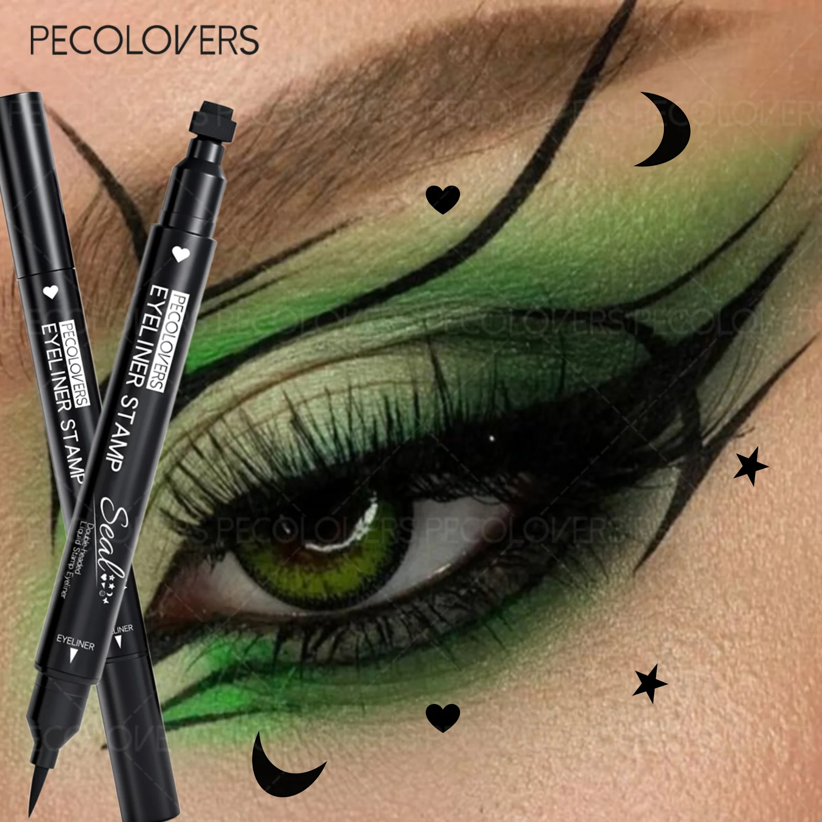 Moon Flower Star Eyeliner Stamp Pen 2 IN 1 Double-head Black Liquid Eye Liner Pencil Love Heart Waterproof Quick Dry Makeup Zpaxo
