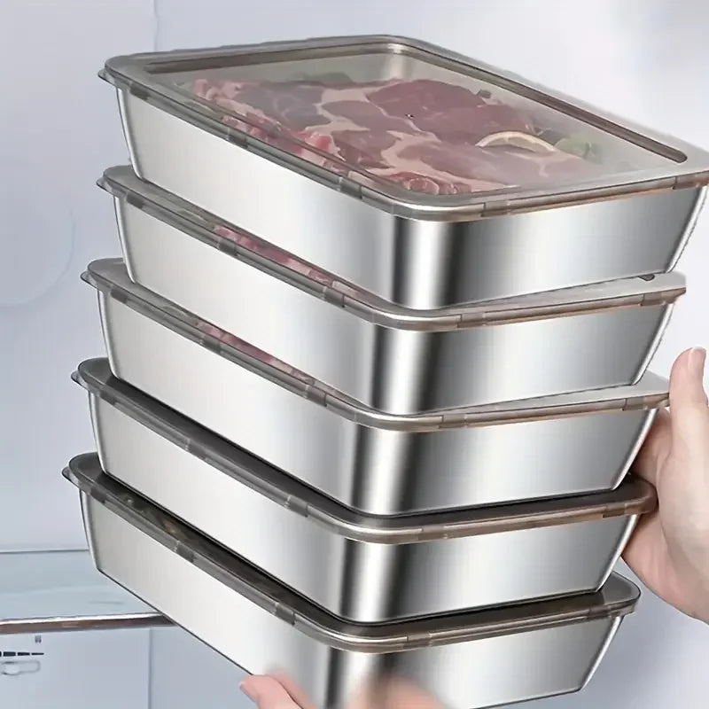 Plate Stainless Steel Food Container with Cover Thick Tray Fresh-keep Food Fruit Lid Sealed Storage Box Kitchen Fridge Organizer Zpaxo 6pcs