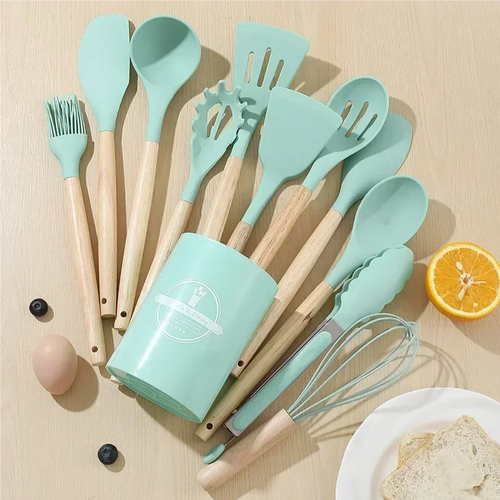 12PCS Silicone Kitchenware Non-Stick Cookware Kitchen Utensils Set Spatula Shovel Egg Beaters Wooden Handle Cooking Tool Set Zpaxo
