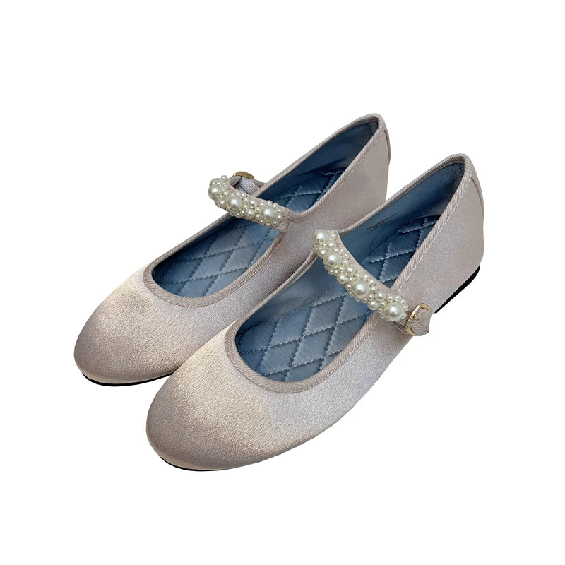 Flat Shoes for Women New Pearl Silk Satin Face Mary Jane Flat Bottom Round Toe Shallow Mouth Breathable Casual Single Shoe Girl Zpaxo