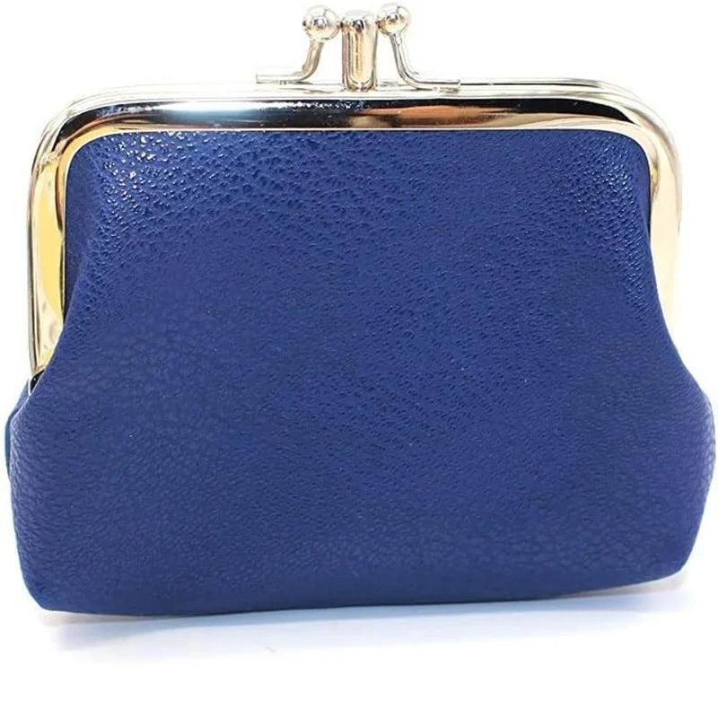 Cute Clip Lock Women's Coin Purse Retro Solid Color Bifold Kiss Lock Small Wallet Simple PU Leather Lipstick Portable Pocket Bag Zpaxo Blue