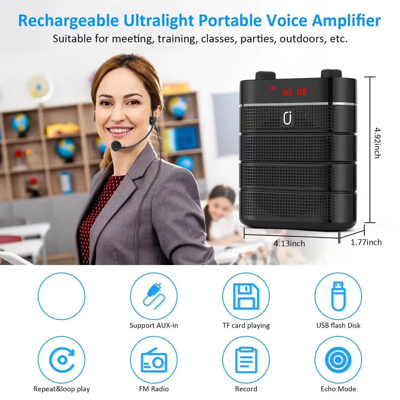 Headworn Microphone Loudspeaker Voice Amplifier Recorder Mic Speaker
