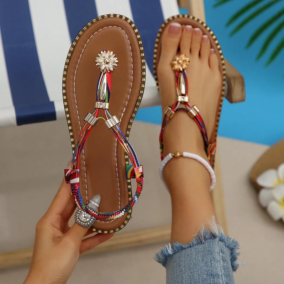 Women Sandals Bohemia Flats Summer Slip Clip Toe Beach Shoes Woman Zpaxo Red 42