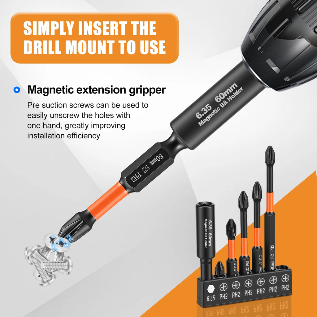 7pcs Cross Head Screwdriver Bit 25-150mm Magnetic Impact Driver Bit Chromium Molybdenum Steel 1/4 Inch Hex Shank for Screw Power Zpaxo