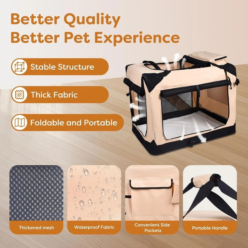 Foldable 3-Door Soft Dog Crate | Travel Pet Carrier with Mat