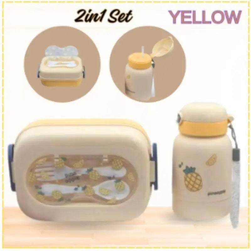Kids 2-in-1 Bento Lunch Box & Water Bottle Set – Fruit Design Kids Bento Lunch Set Zpaxo Yellow