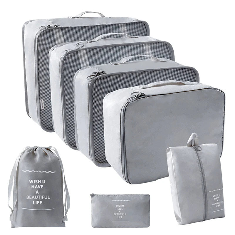 7Pcs/Set Folding Travel Storage Bags Digital Toiletries Shoes Clothes Organizer Suitcase Clothes Tidy Pouch Packing Cubes Set Zpaxo Gray