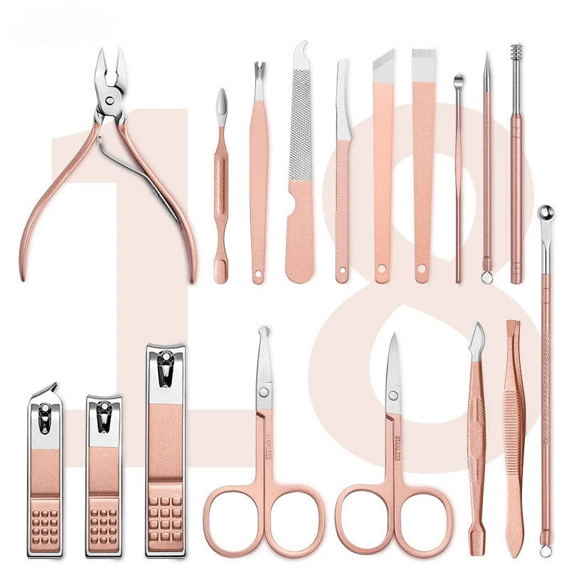 Golden stainless steel nail clipper set of 18 pieces, nail clippers, foot clippers, nose hair clippers, care tools Zpaxo