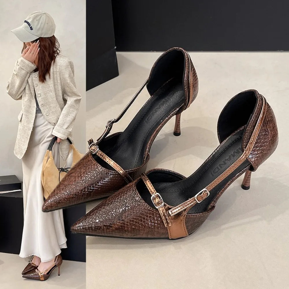 Design Pointed Stiletto Heel Stone Pattern Heels Women's 2025 Spice