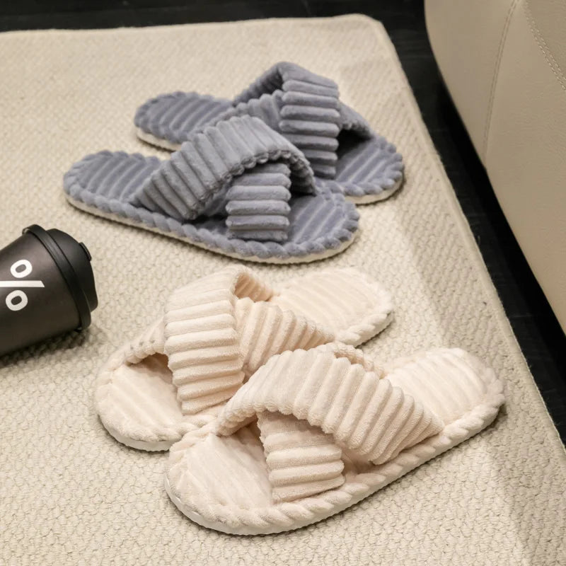 Fashion Corduroy Cross Band Open Toe Home Slippers Women Autumn