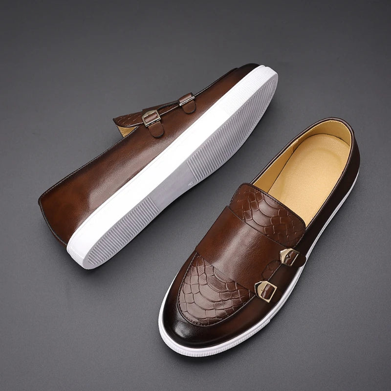 Mens Brown Crocodile Embossed Leather Monk Strap Loafers Slip Casual Zpaxo