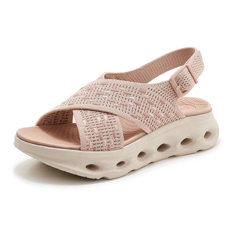 Light Pink Knit Wedge Sandals Breathable Woven Upper Adjustable Zpaxo