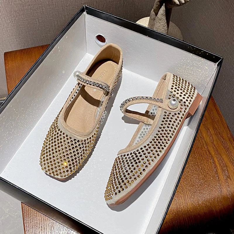 Flat Shoes for Women Spring and Autumn New Square Toe Mesh Full Diamond Pearls Mary Jane Women's Ladies Luxury Shoes Women Zpaxo gold 43