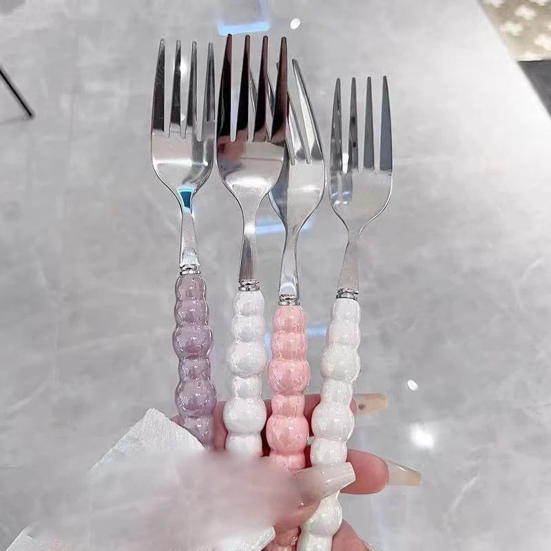 Pearl Handle Fork Stainless Steel Dessert Household Steak Pasta Salad Zpaxo