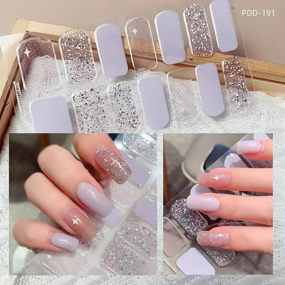 14Strips Gel Nail Stickers Full Cover Floristic Art Semi Cured Polish