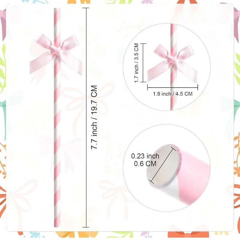 Pink Striped Bow Paper Straws Ribbon Labels Disposable Party Drinking