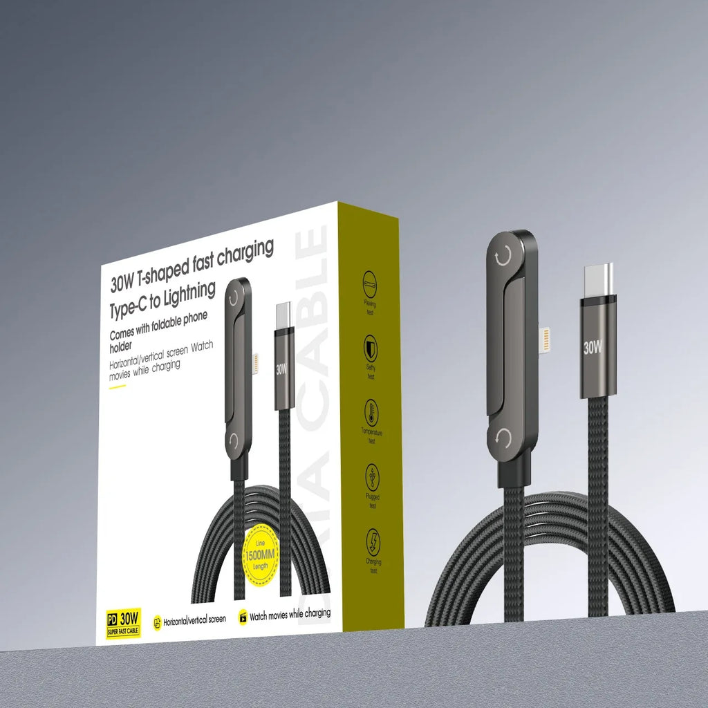240W Ultra Fast Charging Cable Type-C to C Elbow Foldable Stand Data Sync Cable Multifunctional Phone Holder For iPhone Samsung Zpaxo 1.5m C-L