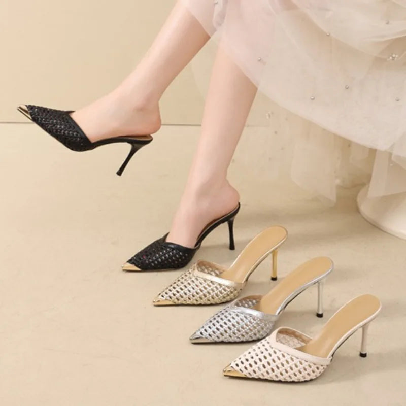Women's Hollow Pointed Toe Sandals Elegant Metal Heels Shoes Women Zpaxo