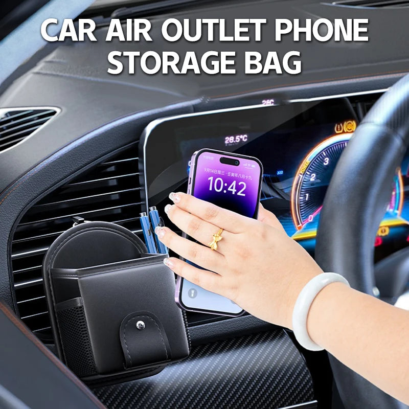 PU Leather Car Air Vent Phone Holder & Storage Organizer