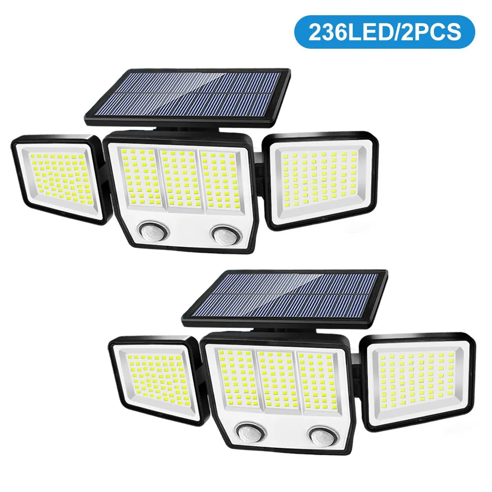 Solar Lights Outdoor 3 Heads Motion Sensor 286/236LED Security Flood Lights Waterproof 3 Modes Wall Lamp for Garden Patio Yard Zpaxo 236LED-2PC