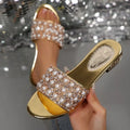 Women Summer Rhinestone Slippers Fashion Round Toe Square Heel