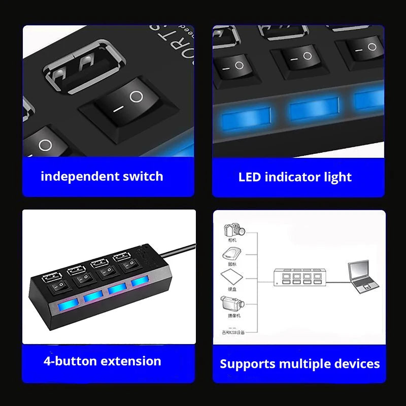 4-Ports USB 2 0 Hub Extension Splitter Independent LED Switch Control