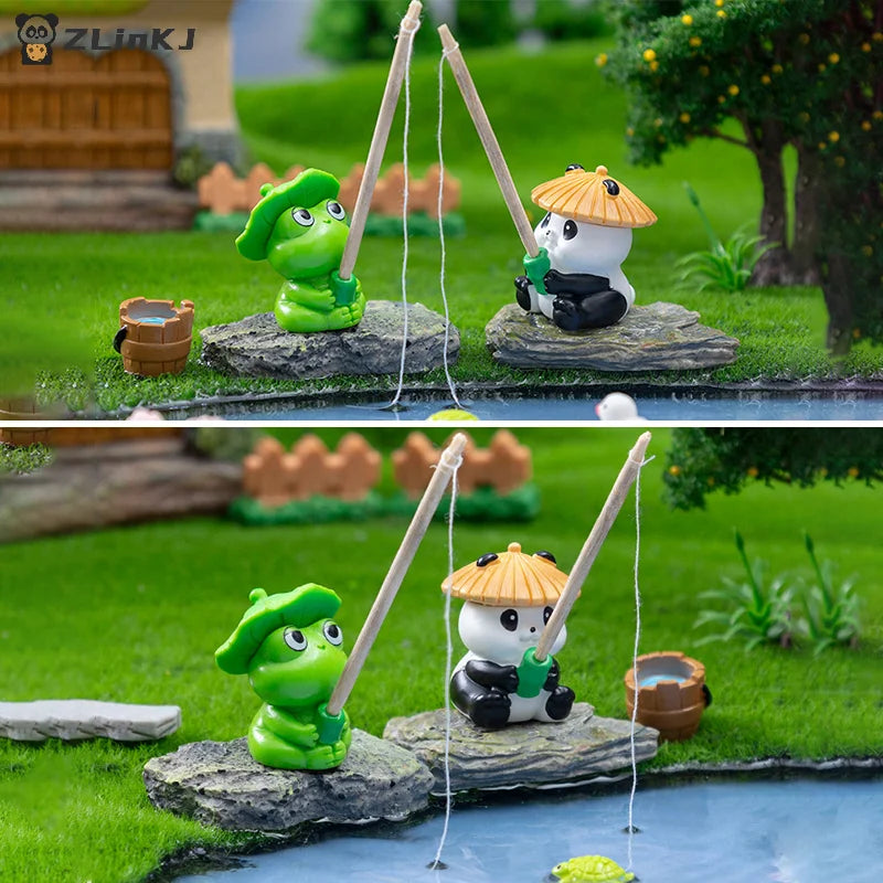 ▶Fishing Frog Panda Figurines Ornament Creative Cartoon Animal Figure Doll Fish Tanks Aquarium Hangable Decor Desktop Decoration Zpaxo