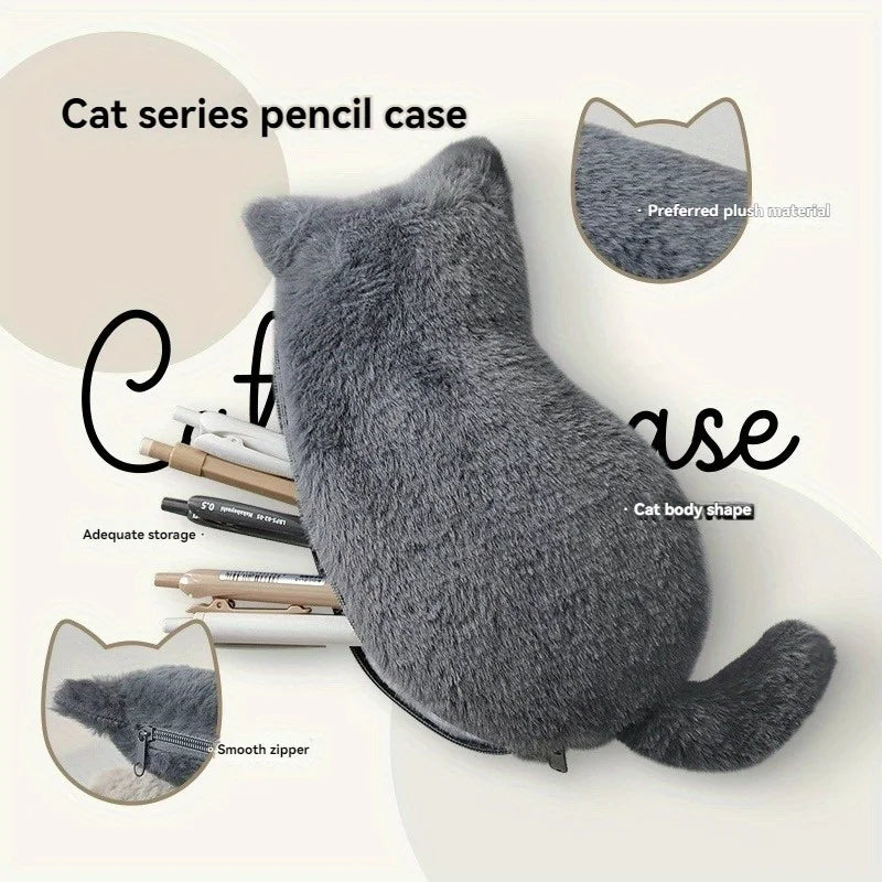 Cute Plush Cat Shaped Pencil Case Large Capacity Stationery Storage