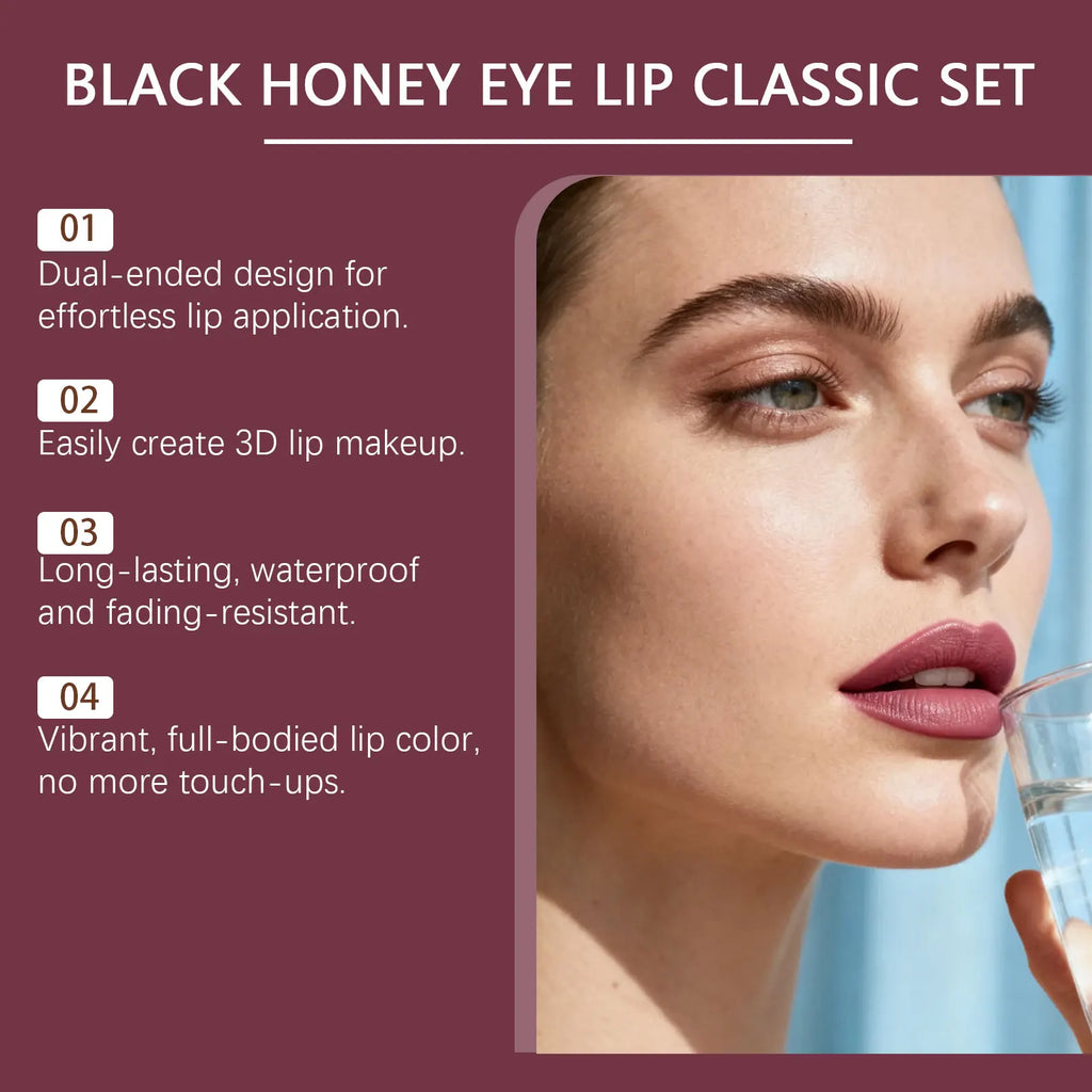 Anti-Fading Black Honey Eye & Lip Classic Set Moisturizing Glossy Plumping Lips Lipstick Eyelashes Curling Makeup Cosmetic Tool Zpaxo