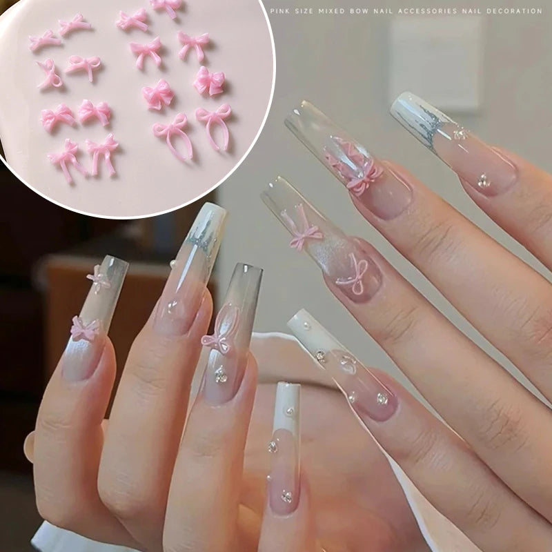 50pcs Sweet Pink Bowknot 3D Nail Art Decorations Mini Resin Ribbon Nail Rhinestones Charms Nail Accessories Manicure DIY Zpaxo