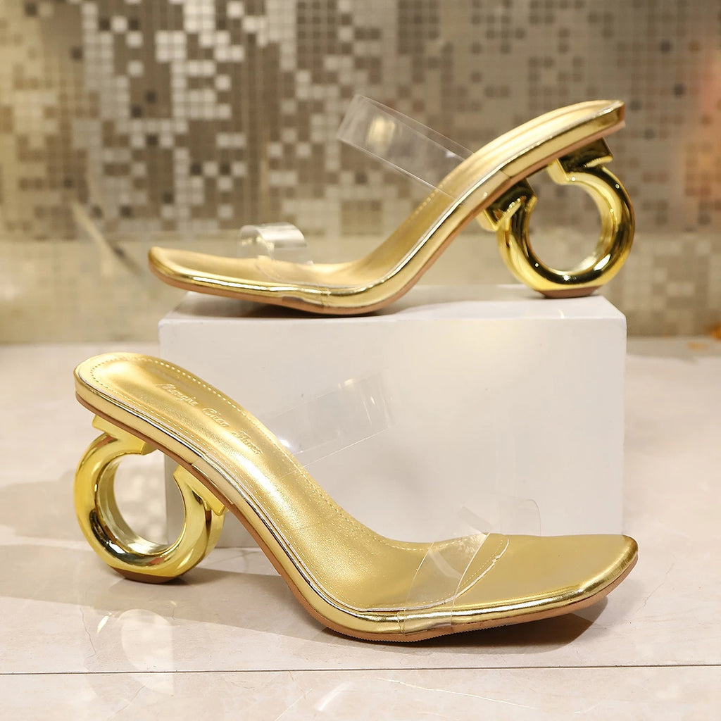 Summer Women Slippers Casual Square Head Open Toe Transparent Heels Zpaxo Gold 35