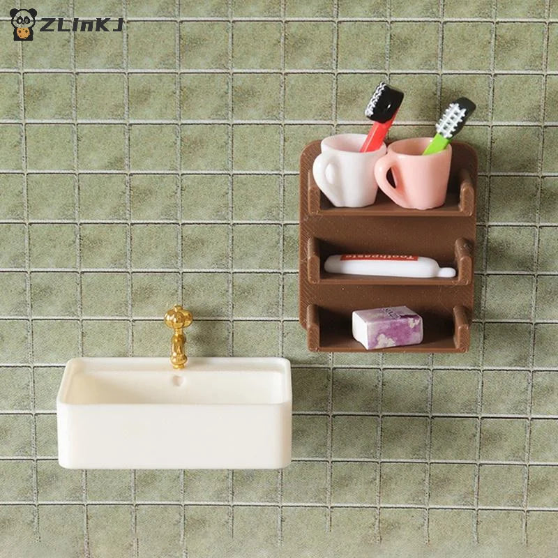 ▶Micro Scene Decor Bathroom Wash Basins Wall Shelf Model 1/12 Scale Dollhouse Furniture Decoration Pretend Play Toys Zpaxo