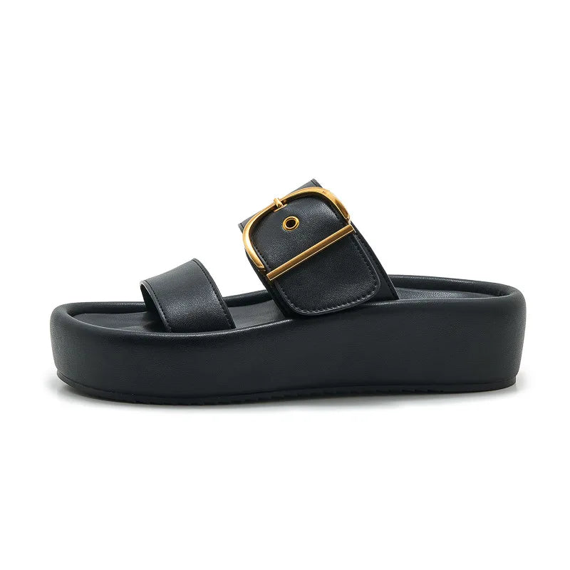 Womens Chic Platform Slide Sandals Luxe Gold Buckle Detail Double Zpaxo SH6150-1 Black 35 China Mainland