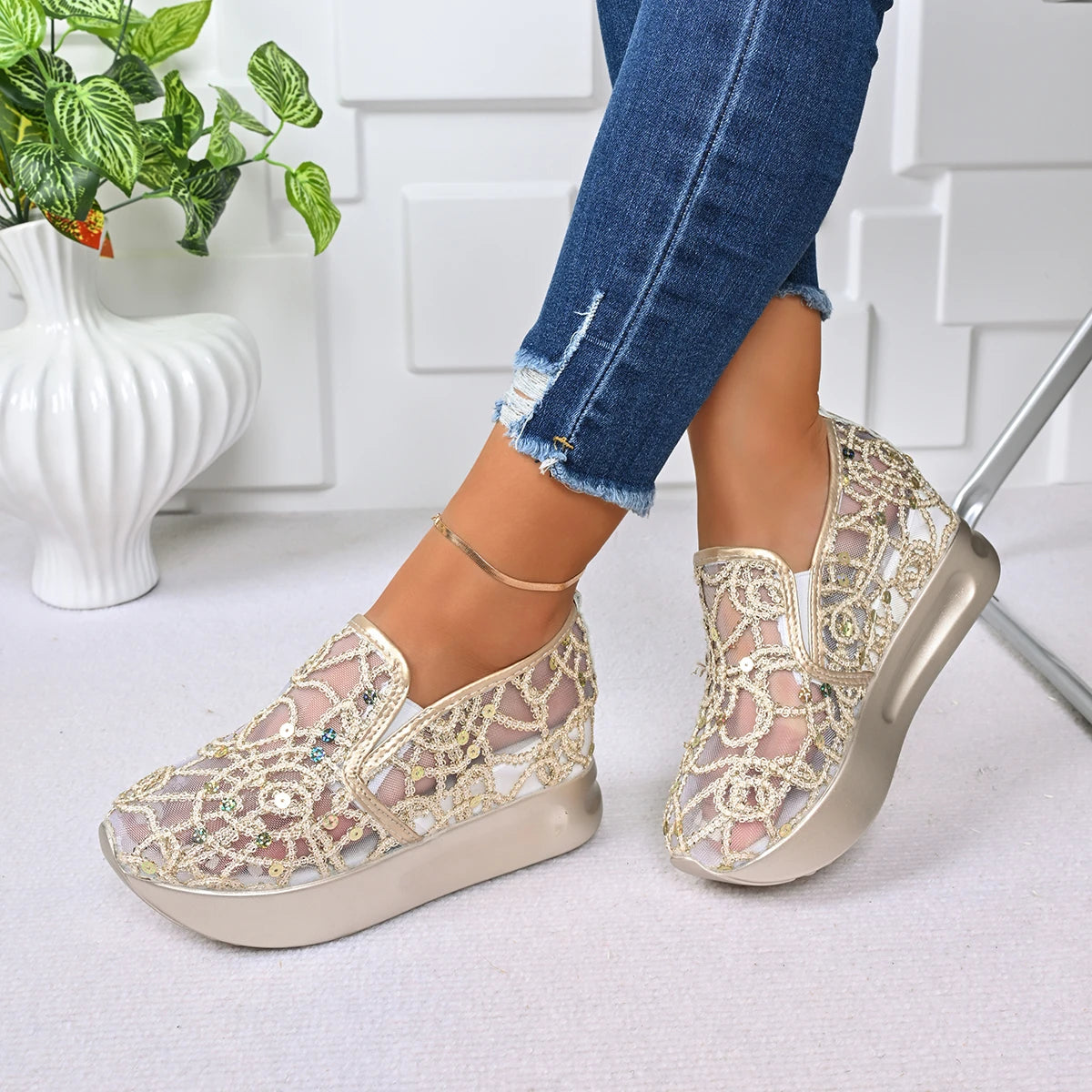 Platform Wedges Women Sneakers Comfortable Lightweight Embroidery