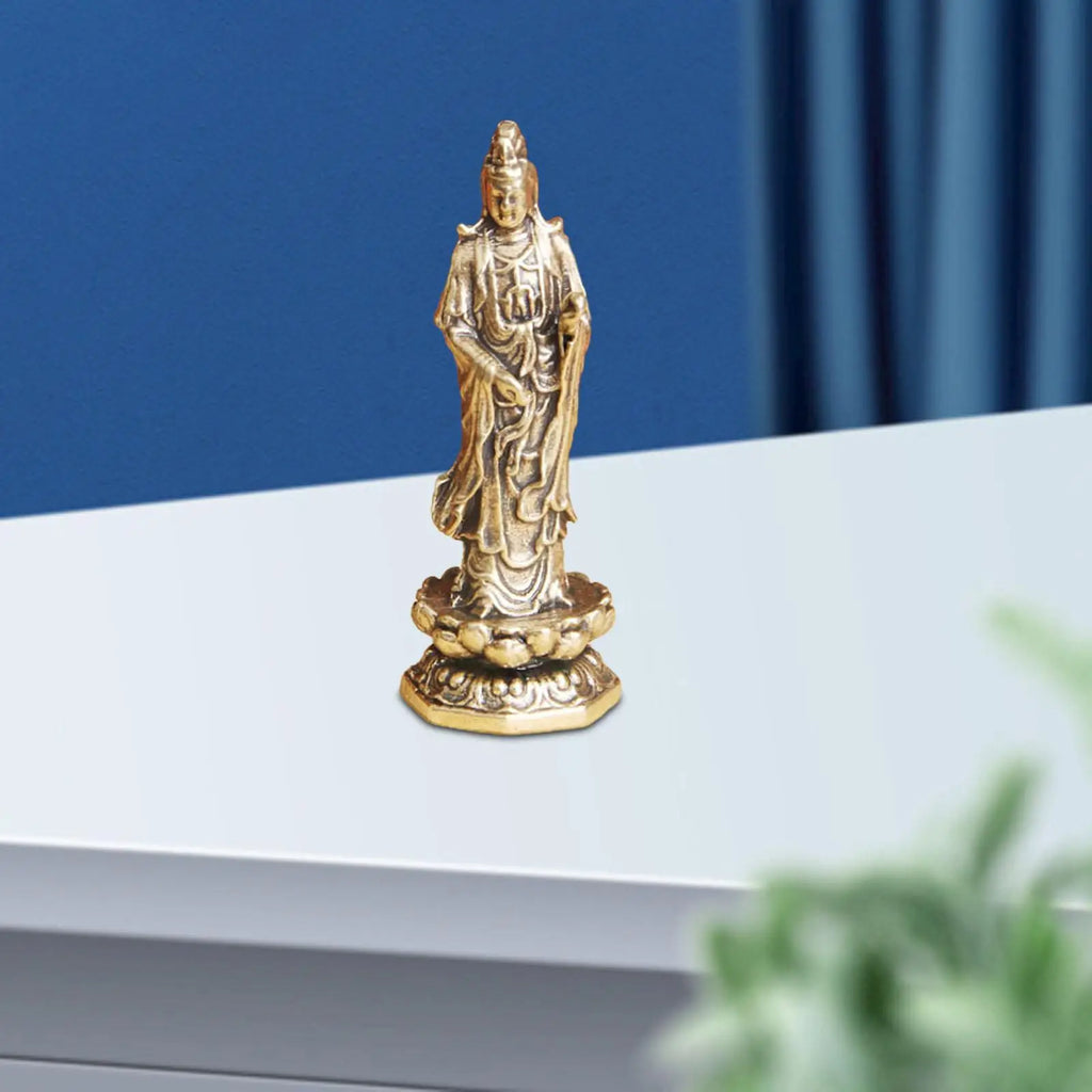 Mini Brass Guan Yin Lotus Statue | Feng Shui Figurine Decor Brass Figurine Statue Zpaxo