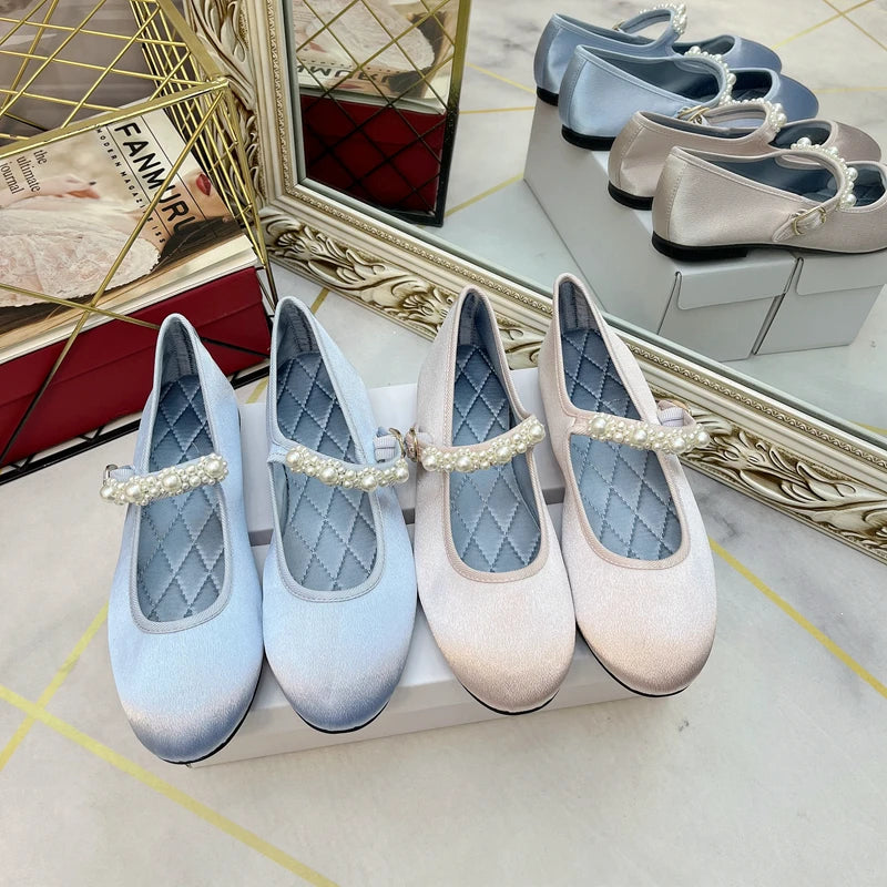 Flat Shoes for Women New Pearl Silk Satin Face Mary Jane Flat Bottom Round Toe Shallow Mouth Breathable Casual Single Shoe Girl Zpaxo