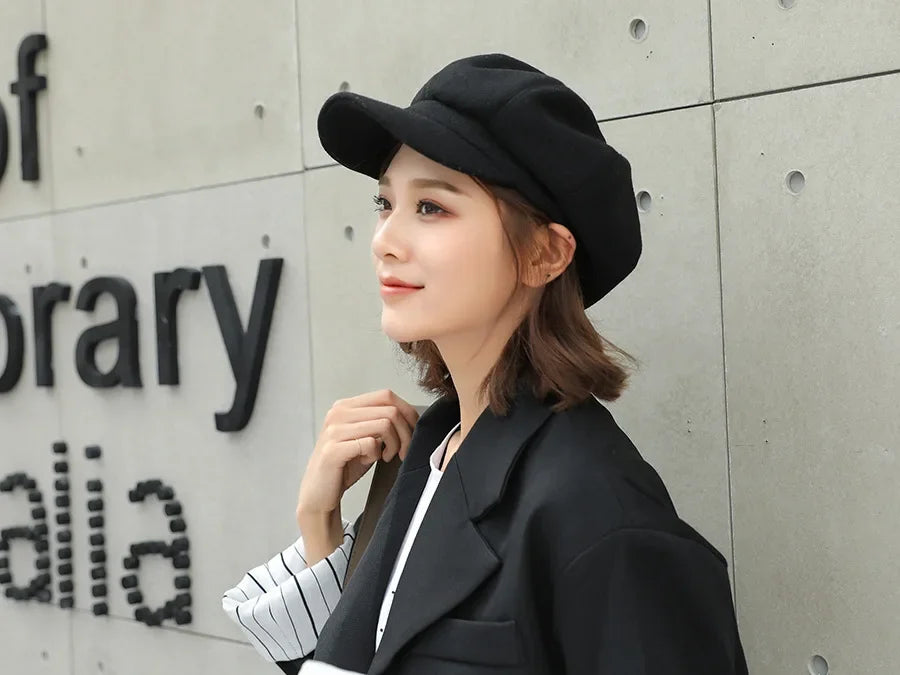 Autumn Winter Hats Women Solid Plain Octagonal Newsboy Cap Men Ladies Zpaxo Black