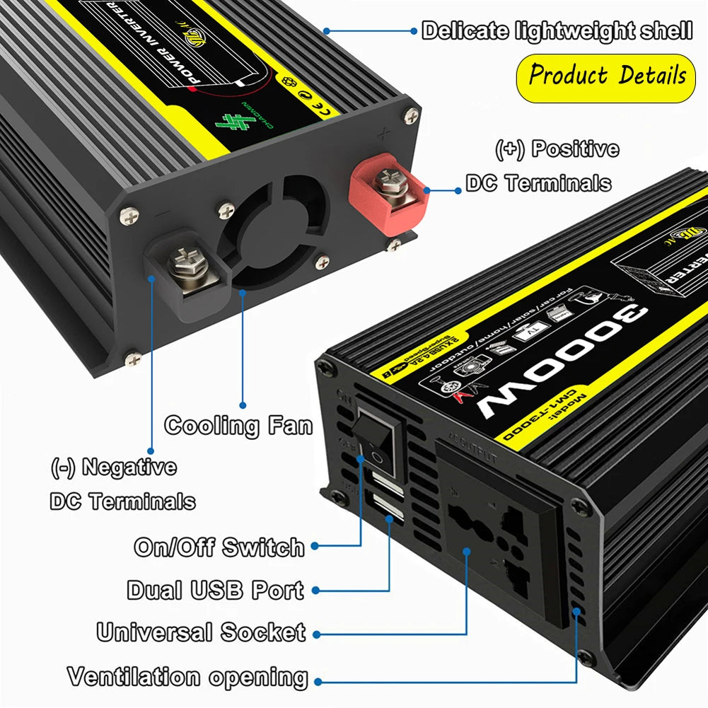 DC 12V To AC 110/220V Intelligent Power Inverter Dual USB Car Voltage Transformer 3000W Digital Power Inverter Built-in Fuse Zpaxo
