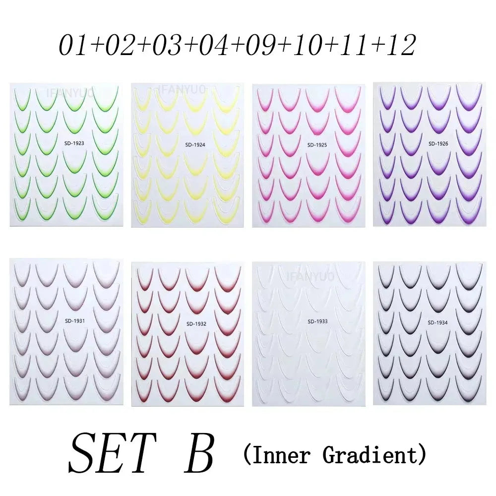 French Gradient Line Nail Art Stickers 3D Self-Adhesive White+Black Slider Design Nail Tip Stencil Manicure Guide DIY Nail Decor Zpaxo B Set-Inner Gradient