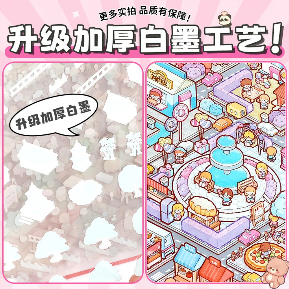 Scenes Cartoon Landscape Sticker Book 3D Miniature Scenography Cabin Pocket Sticker Visual Stacking Scene Stickers DIY Gift Zpaxo