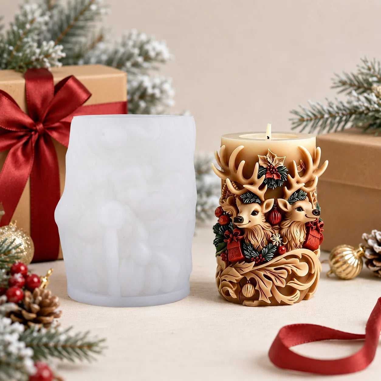 3D Double Deer Silicone Candle Mold – Christmas Cylindrical