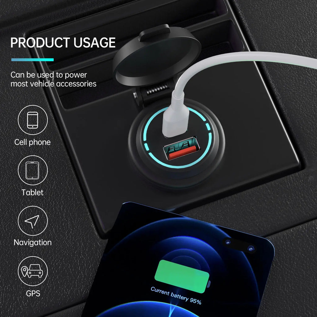 USB C Car Charger Cigarette Lighter Socket 12V-24V Dual Charging